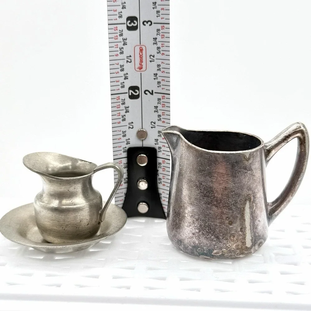 Vintage Mini Pewter & Silverplate Creamer Lot Trinkets Typesetter Case Smalls